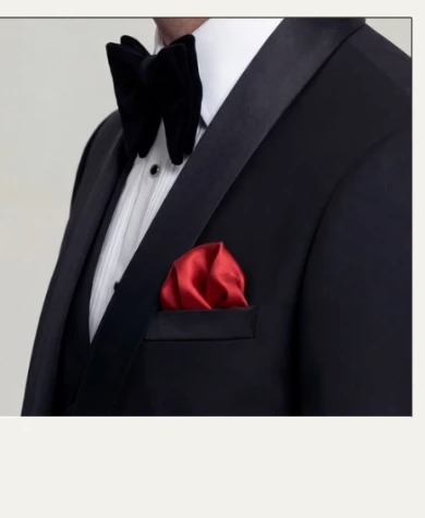 Velvet bow tie and crimson pocket square detail
