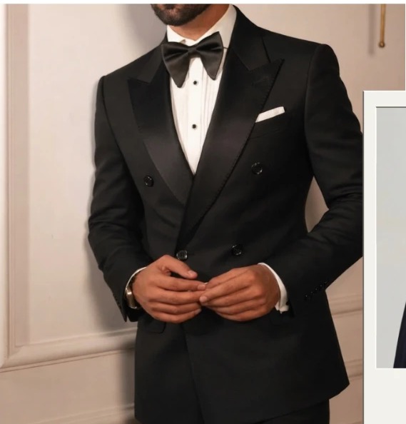 Double-breasted black tuxedo with satin peak lapels